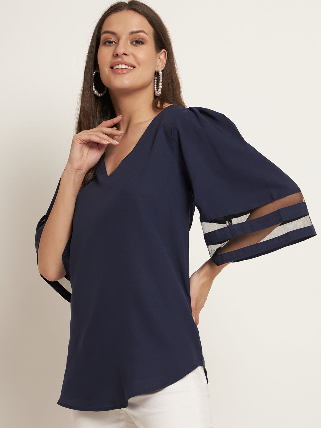 Curvydobe Casual Bell Sleeves Solid Women Black Top