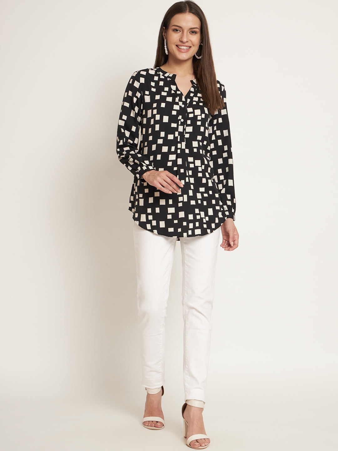 Curvydobe Casual Regular Sleeves Printed Women Black Top