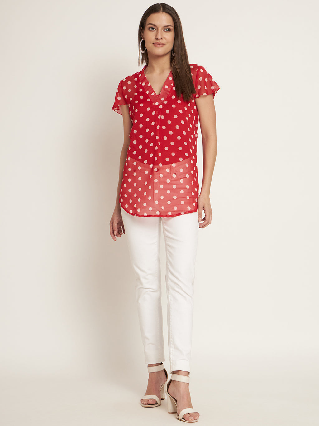 Curvydobe Casual Cap Sleeves Printed Women Red Top