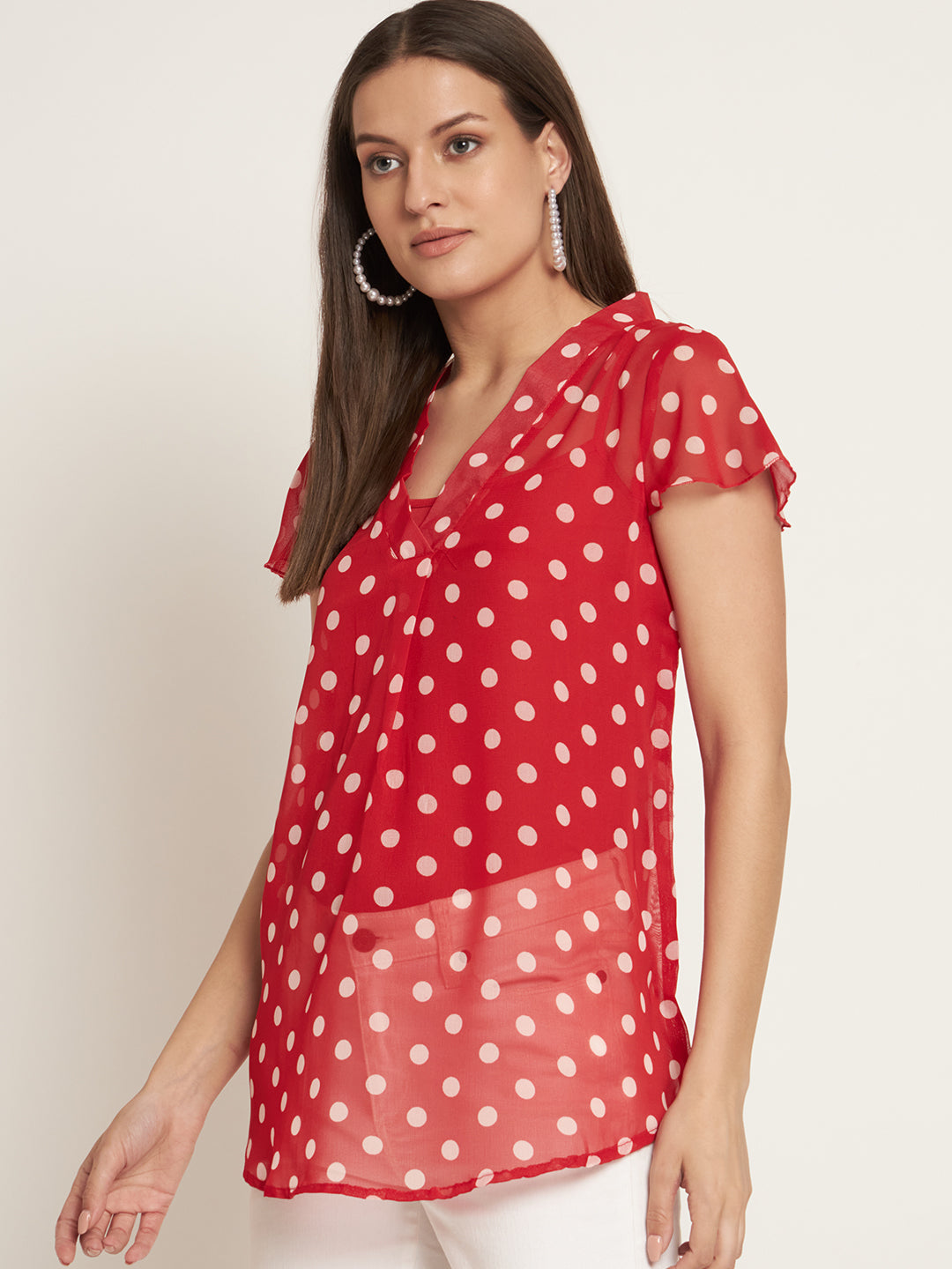 Curvydobe Casual Cap Sleeves Printed Women Red Top