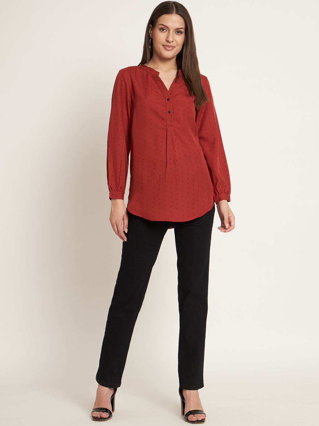 Curvydobe Casual Regular Sleeves Printed Women Rust Polka Top