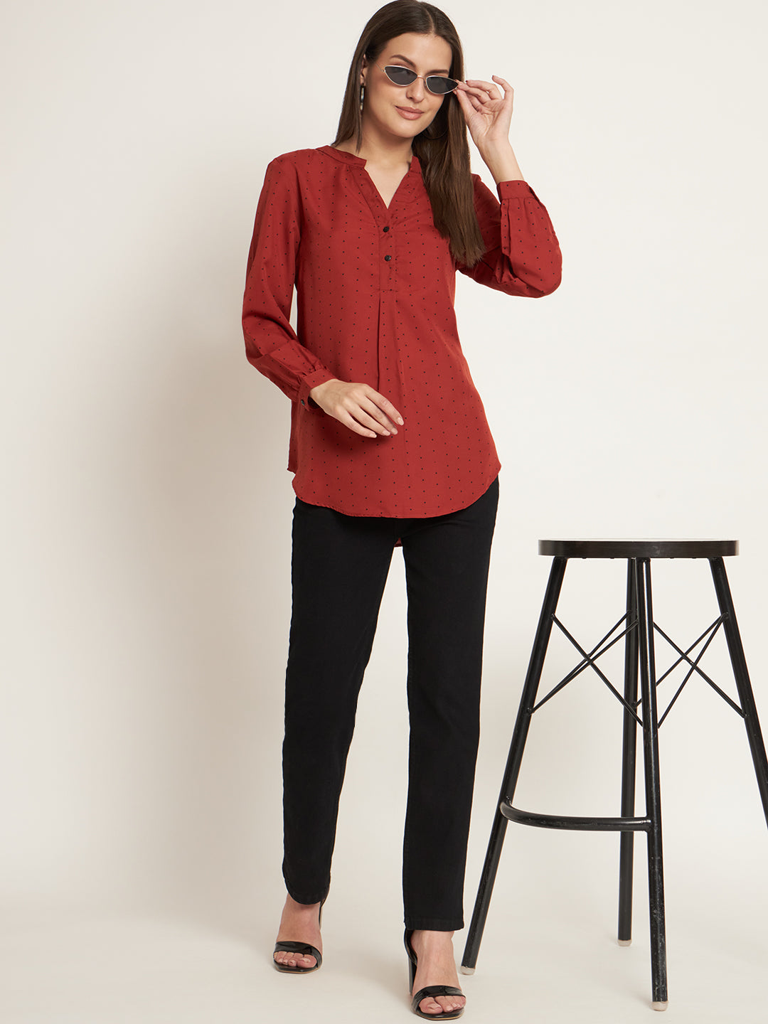 Curvydobe Casual Regular Sleeves Printed Women Rust Polka Top