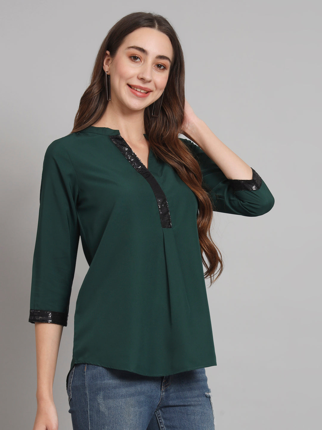 Curvydobe Green Mandrain Collar placket Top