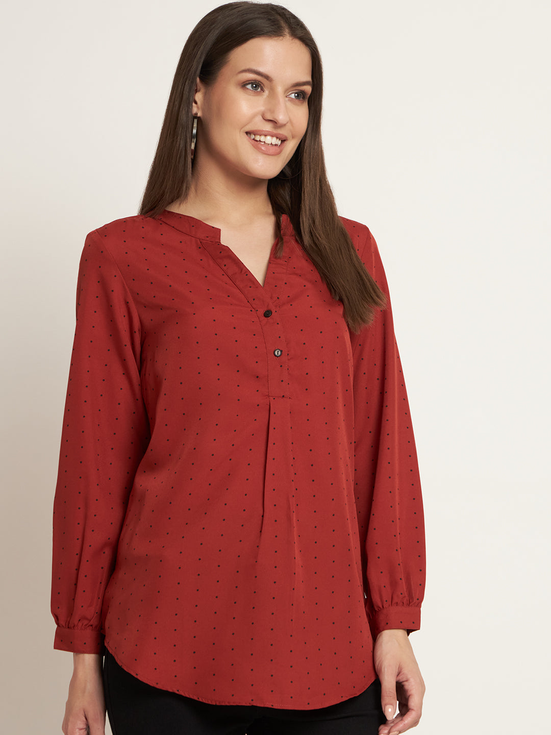 Curvydobe Casual Regular Sleeves Printed Women Rust Polka Top
