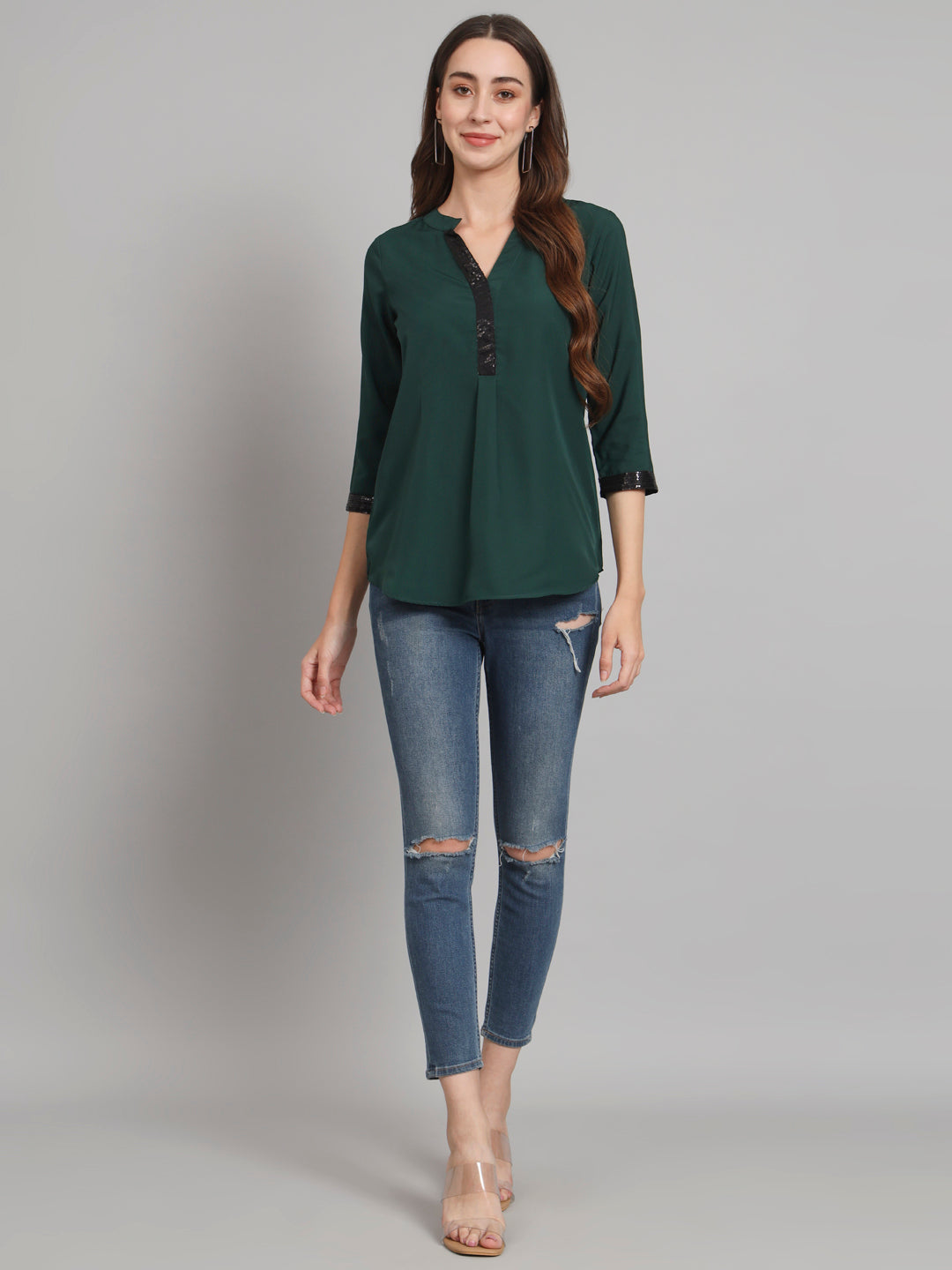 Curvydobe Green Mandrain Collar placket Top
