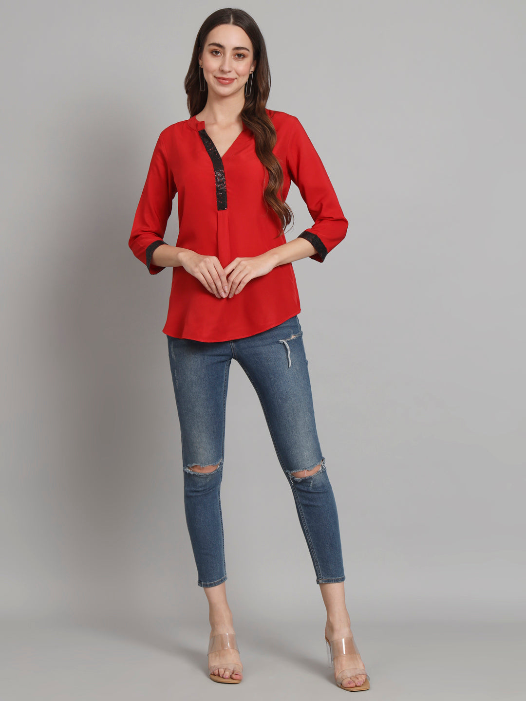 Curvydobe Red Mandrain Collar placket Top