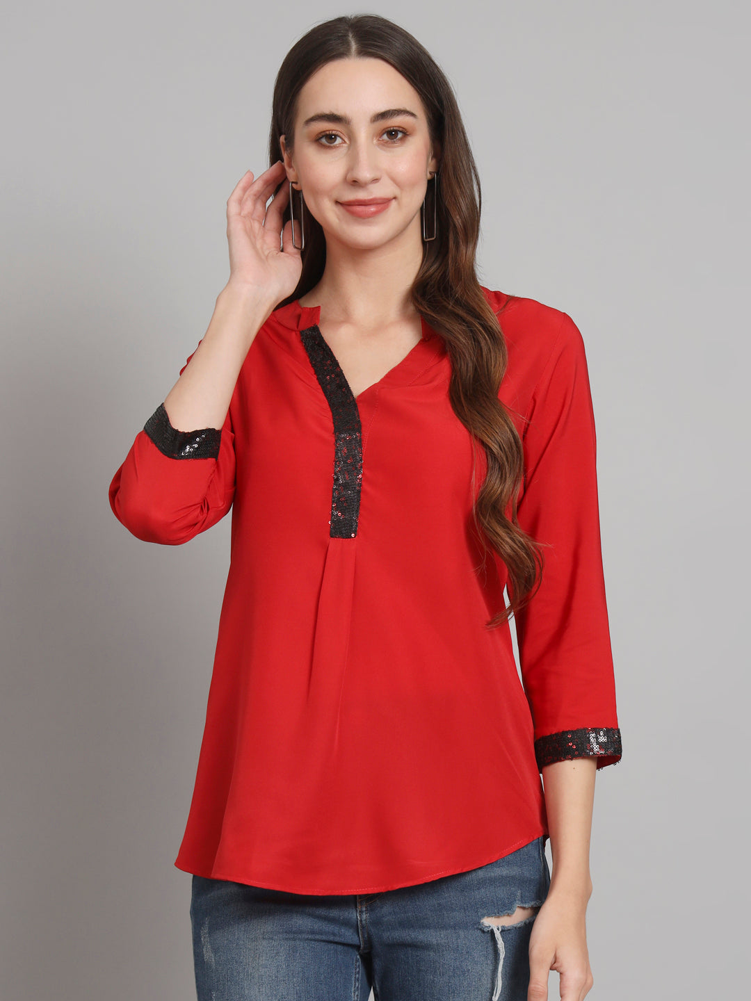 Curvydobe Red Mandrain Collar placket Top