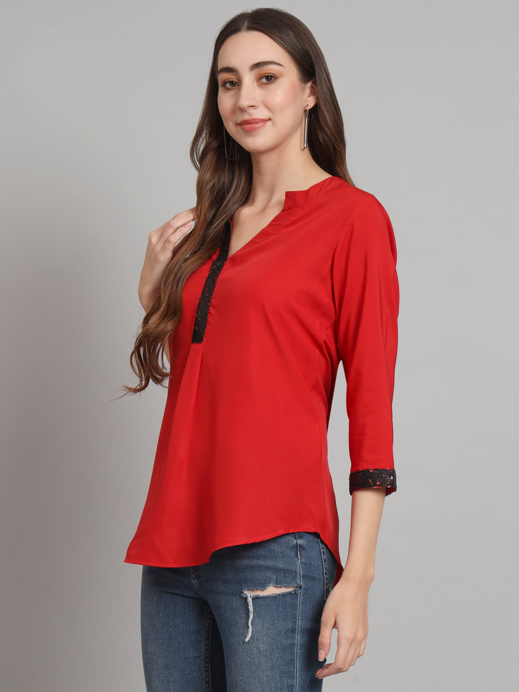 Curvydobe Red Mandrain Collar placket Top