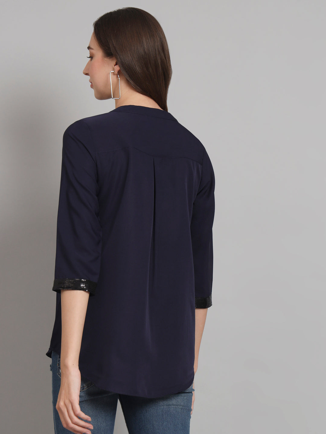 Curvydobe Navy blue Mandrain Collar placket Top
