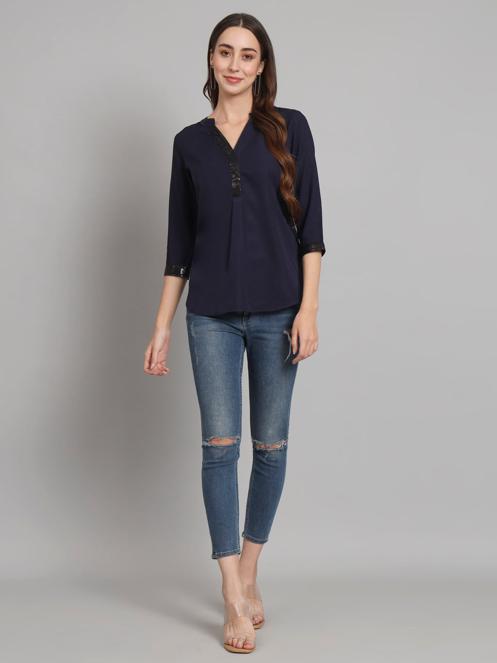 Curvydobe Navy blue Mandrain Collar placket Top