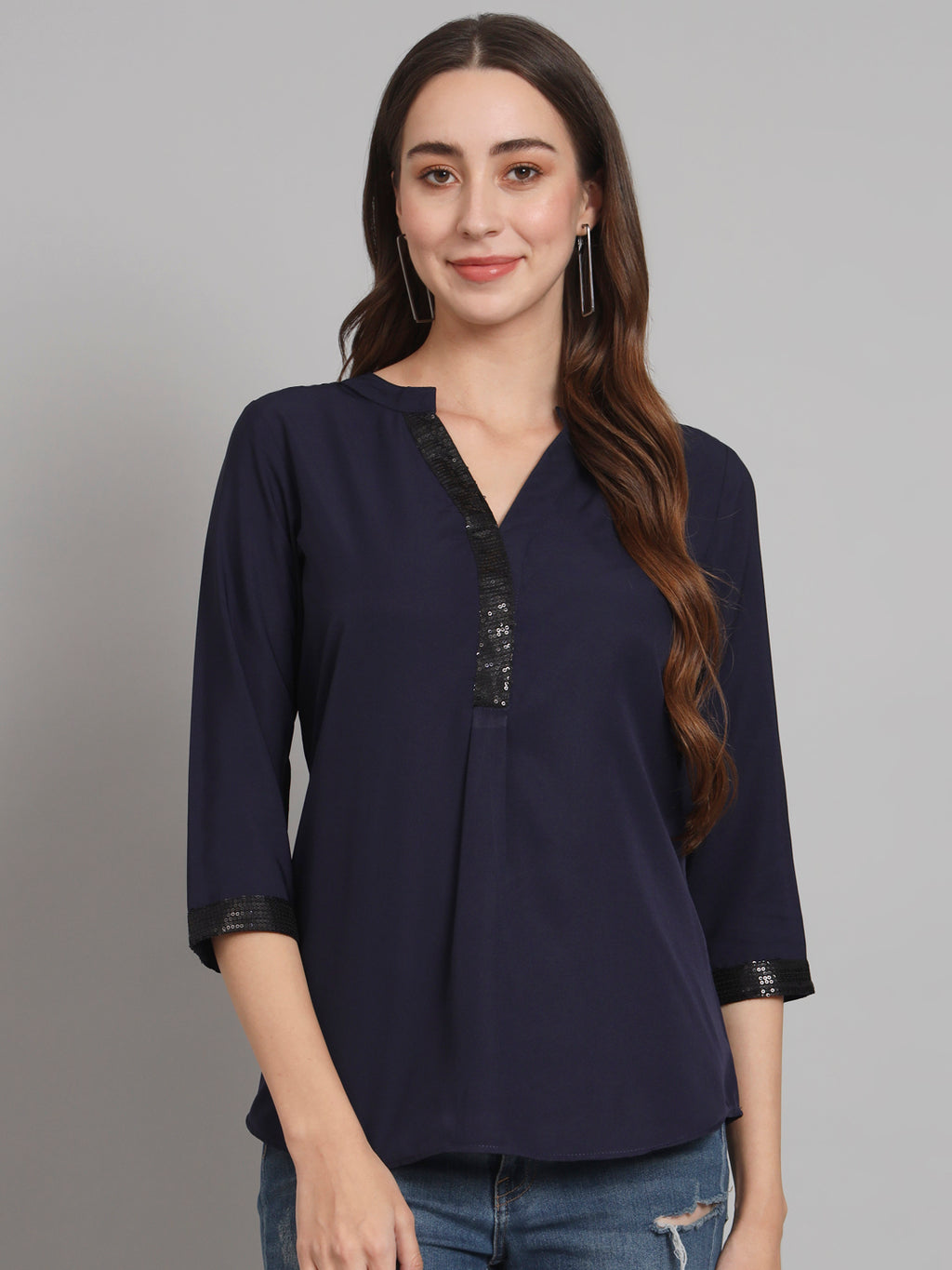 Curvydobe Navy blue Mandrain Collar placket Top