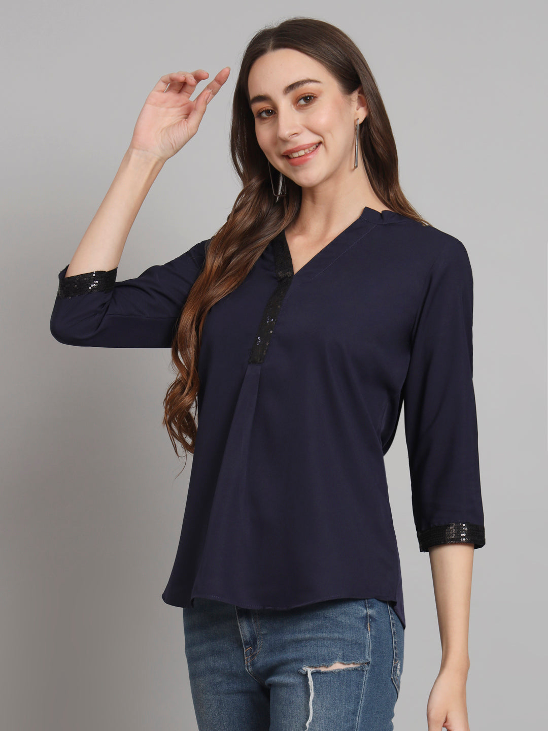 Curvydobe Navy blue Mandrain Collar placket Top
