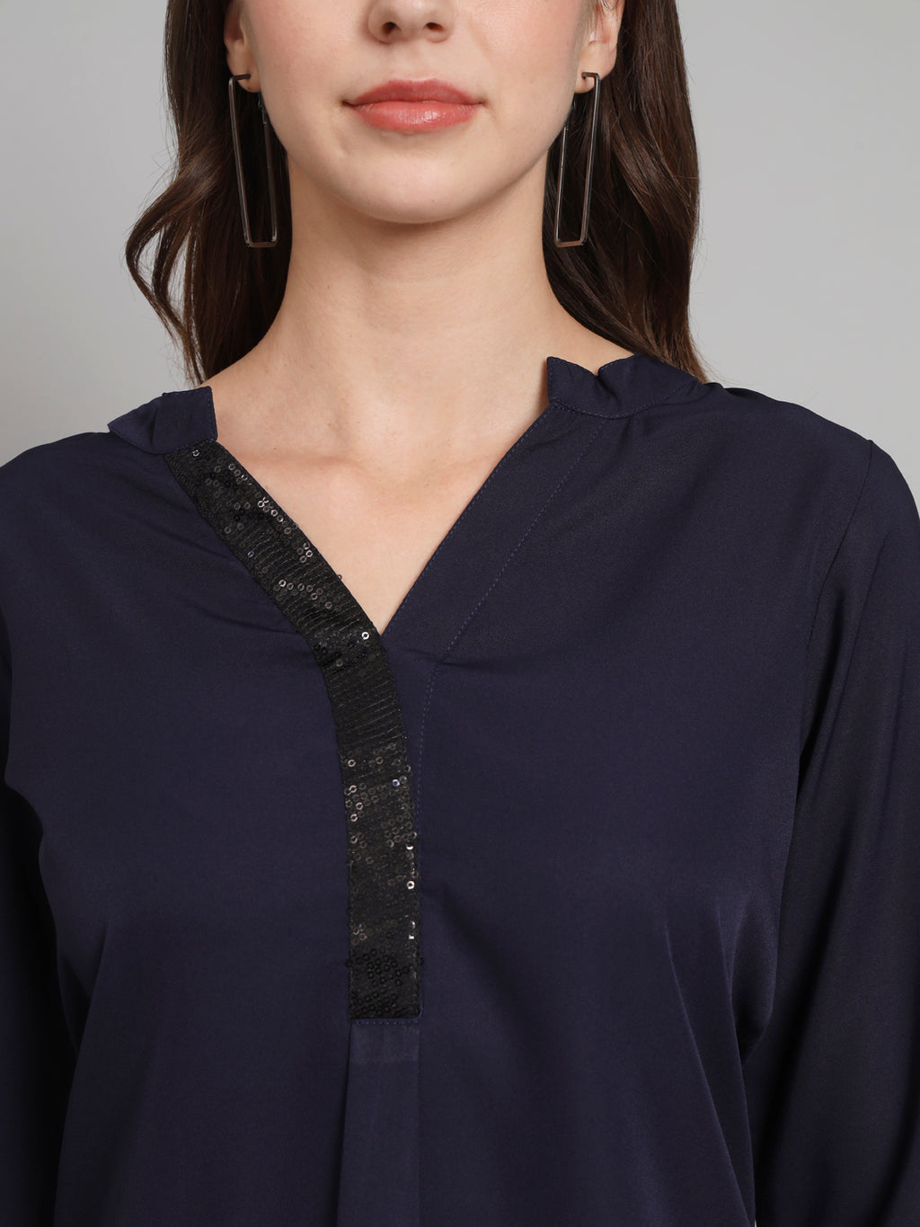Curvydobe Navy blue Mandrain Collar placket Top