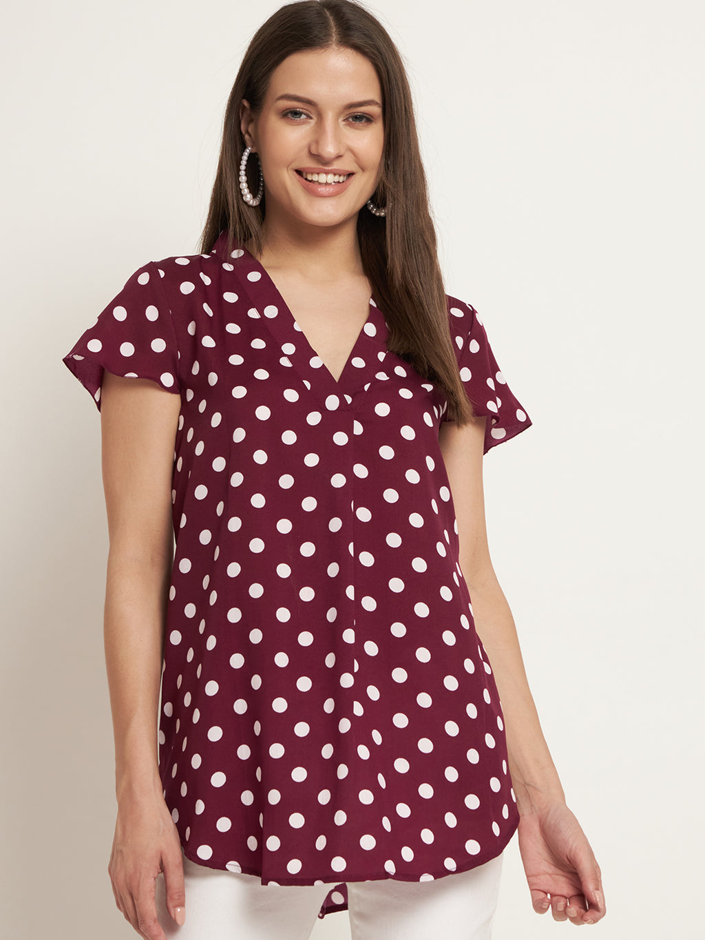 Curvydobe Casual Cap Sleeves Printed Women Burgundy Top
