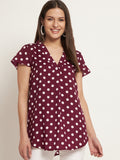 Curvydobe Casual Cap Sleeves Printed Women Burgundy Top