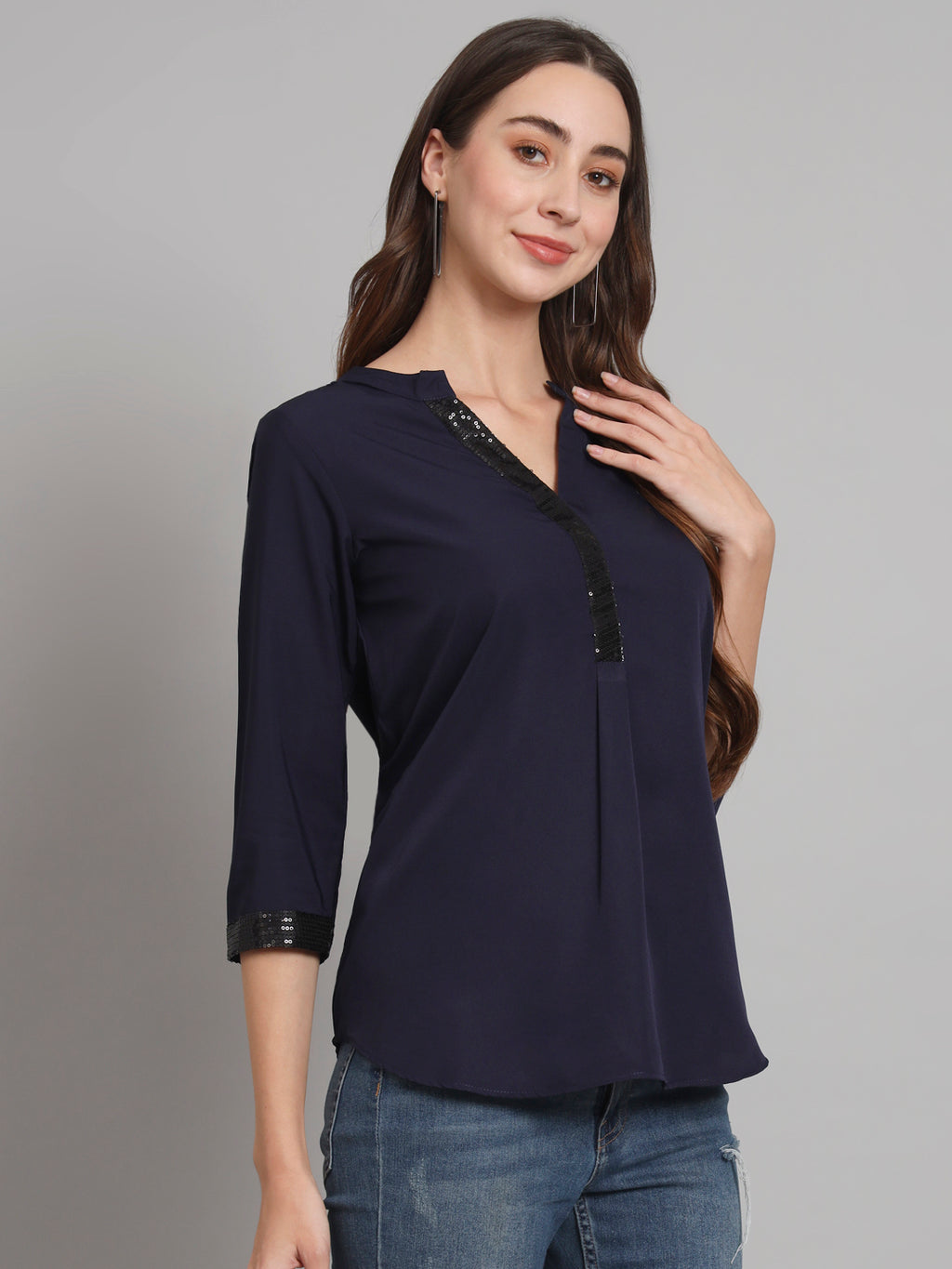 Curvydobe Navy blue Mandrain Collar placket Top