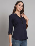Curvydobe Navy blue Mandrain Collar placket Top