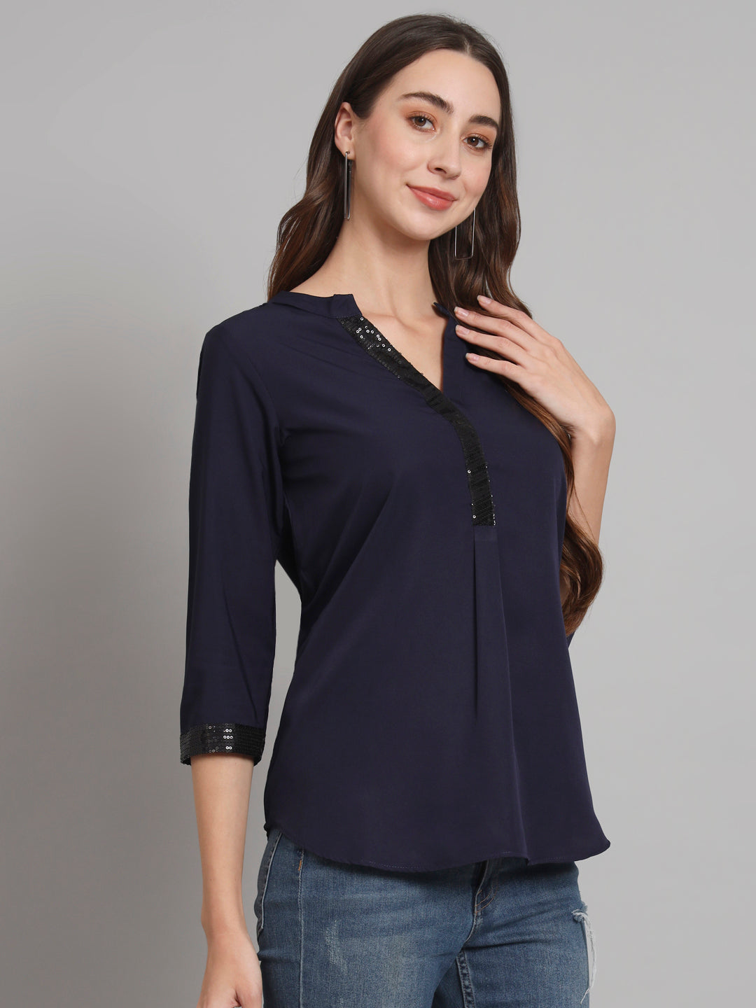 Curvydobe Navy blue Mandrain Collar placket Top