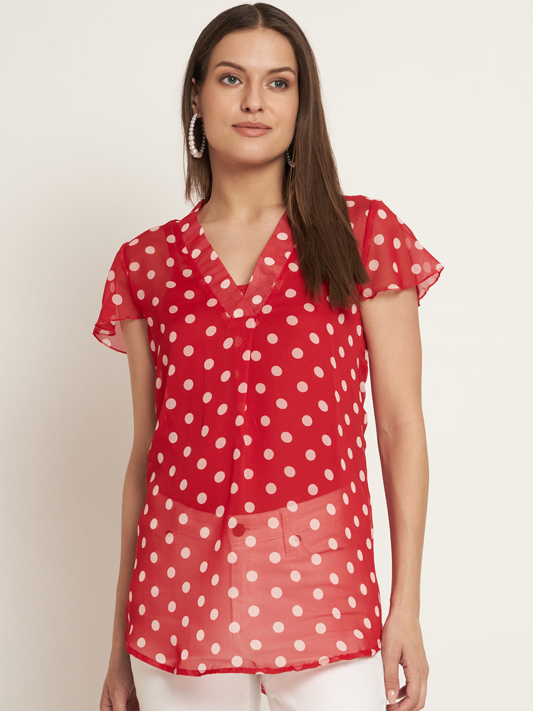 Curvydobe Casual Cap Sleeves Printed Women Red Top
