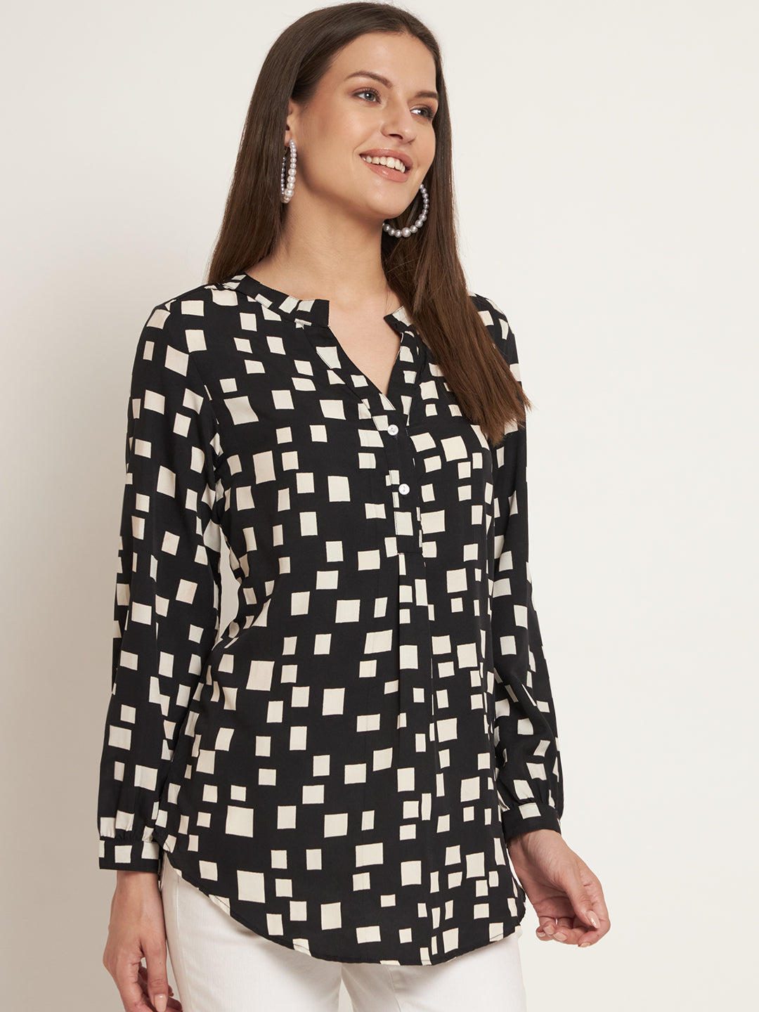 Curvydobe Casual Regular Sleeves Printed Women Black Top