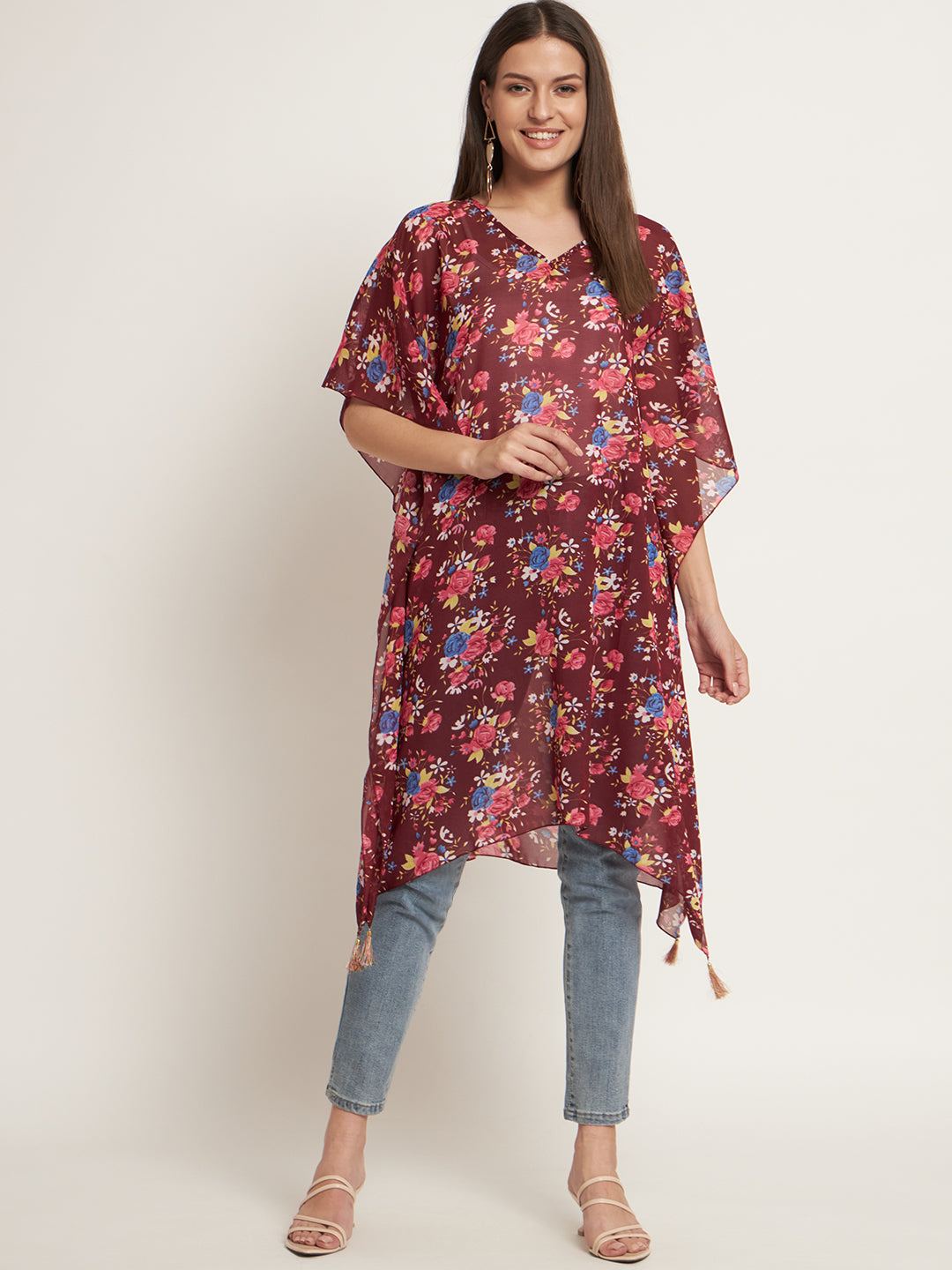 Curvydrobe Burgundy and multi floral below knee length kaftan with tassels