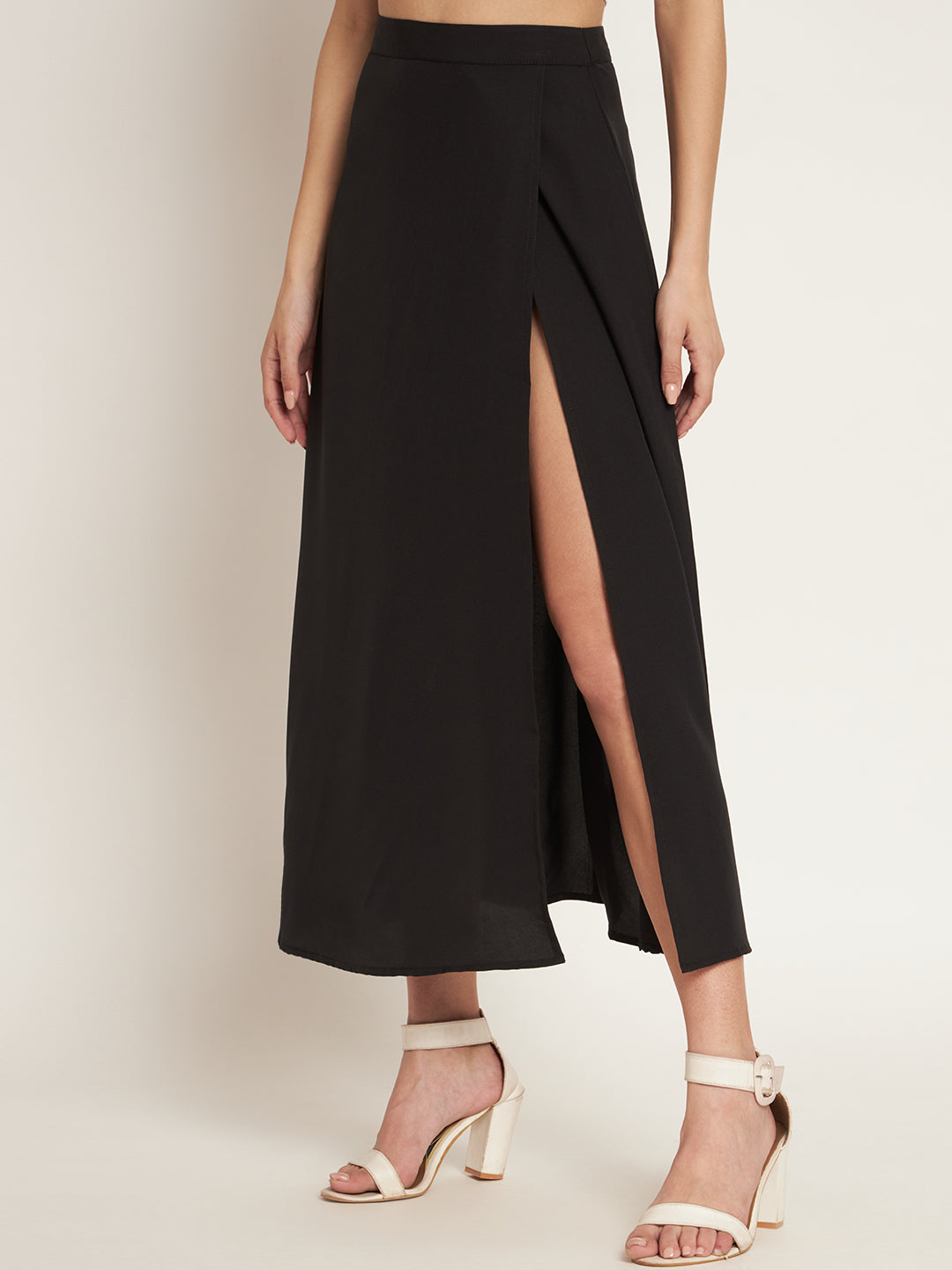 Curvydobe Women Solid Black Skirt One Thigh Slit Skirt