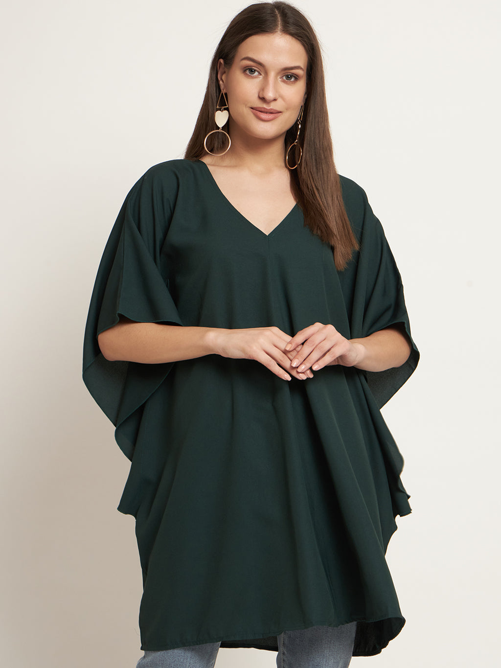 Curvydrobe Green solid short dress with kimono sleeves