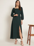 Curvydrobe Green solid long dress with square neck and one thigh slit