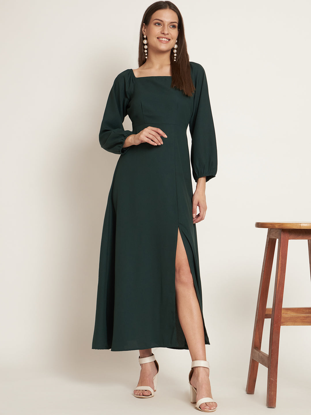Curvydrobe Green solid long dress with square neck and one thigh slit
