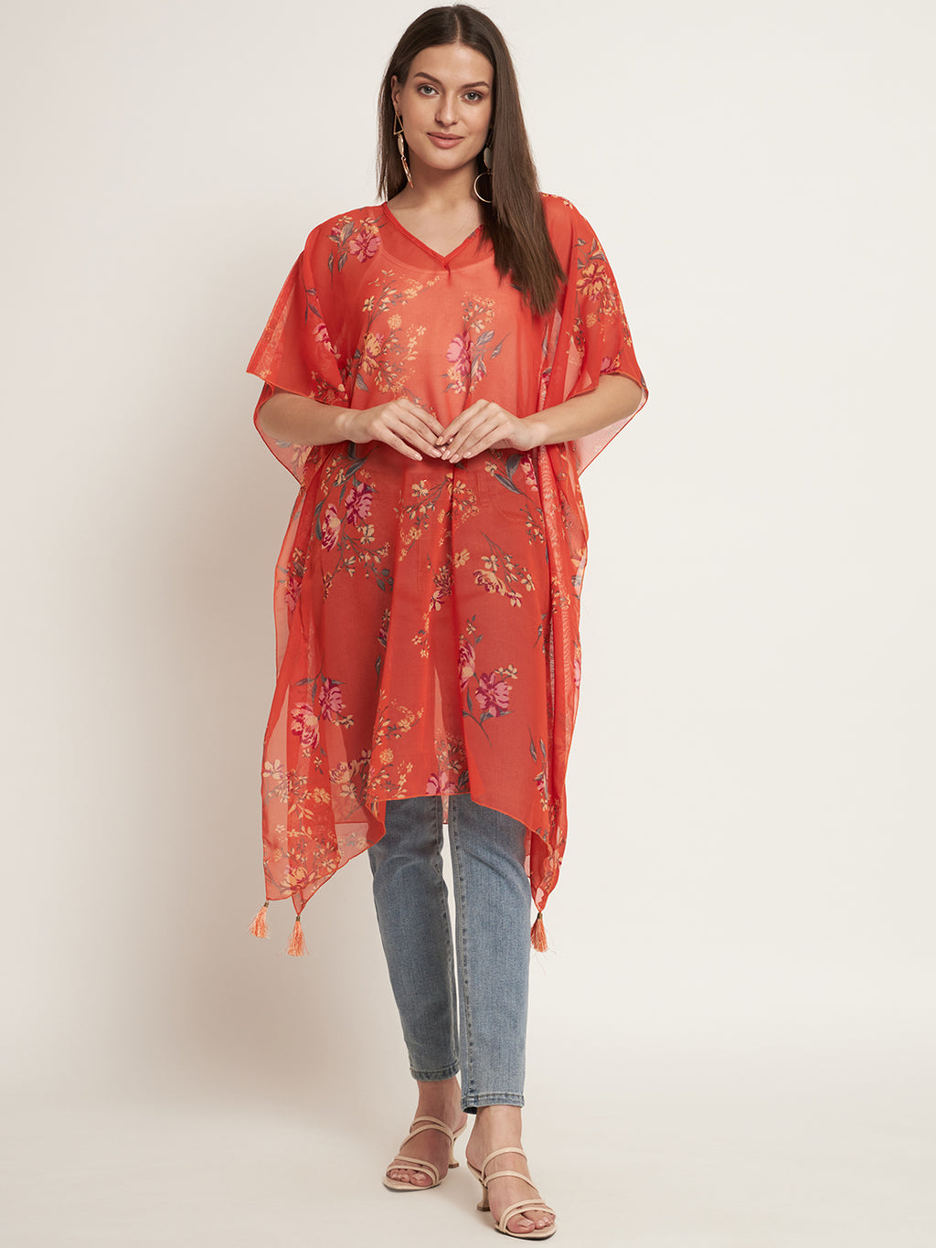 Curvydrobe Orange floral below knee length kaftan with tassels