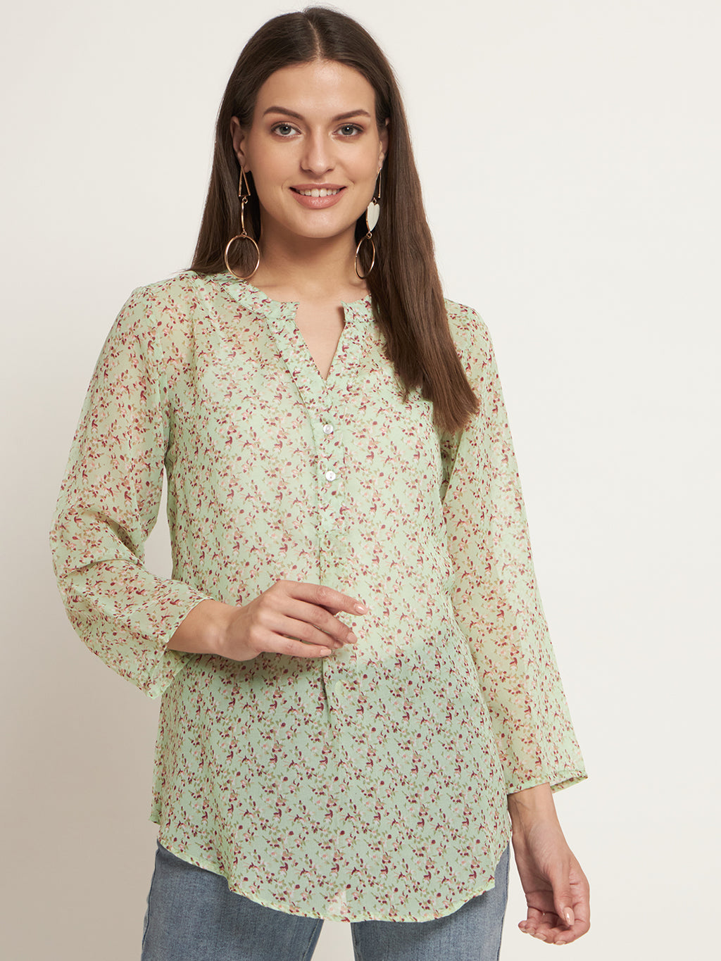 Curvydobe Casual Regular Sleeves Printed Women Pista Green Top