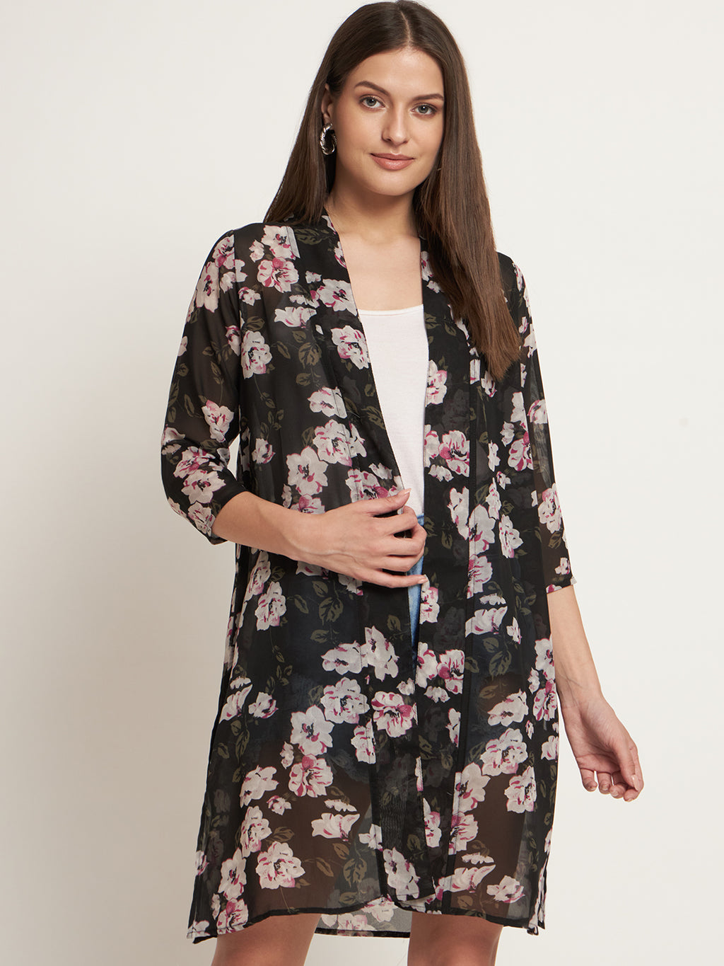 Curvydobe Women Jacket Style 3/4th Sleeve Black floral Shrug