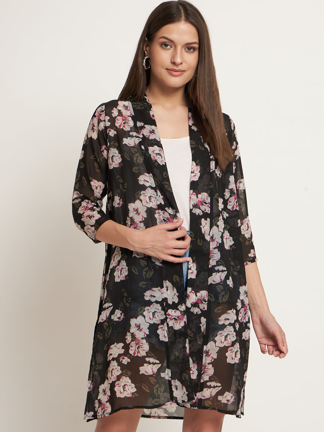 Curvydobe Women Jacket Style 3/4th Sleeve Black floral Shrug