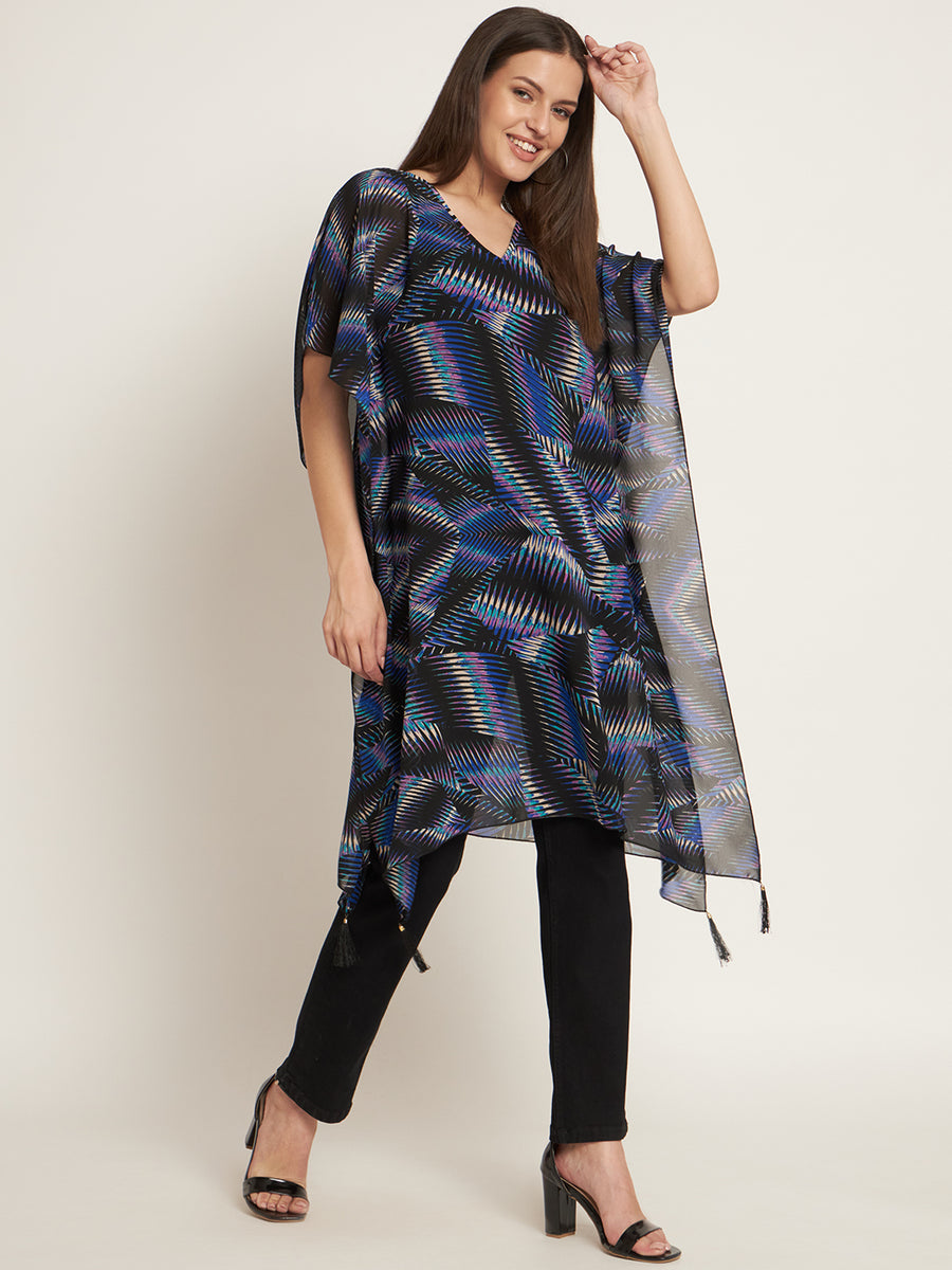 Curvydrobe Black printed below knee length kaftan with tassels