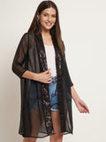 Curvydrobe Black Knee length, sequins border open front shrug