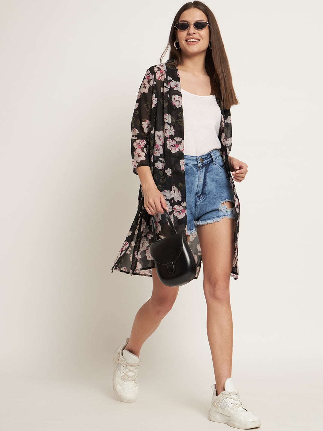 Curvydobe Women Jacket Style 3/4th Sleeve Black floral Shrug
