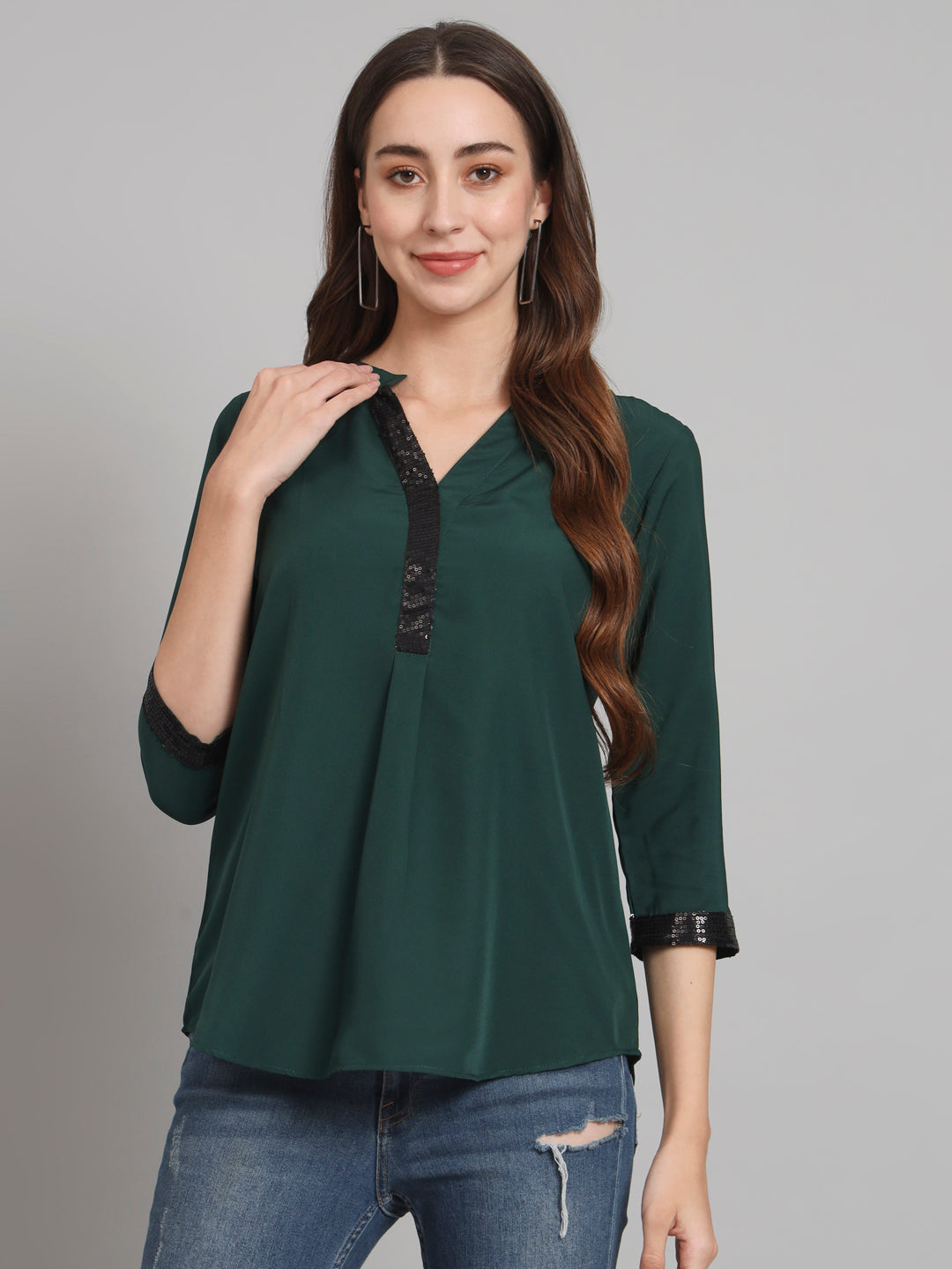 Curvydobe Green Mandrain Collar placket Top