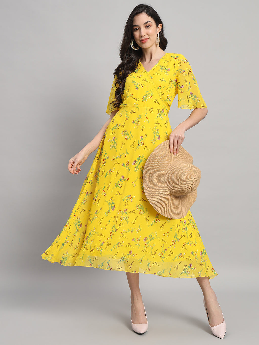 Curvydrobe Womens Yellow Floral Print Fit & Flare dress