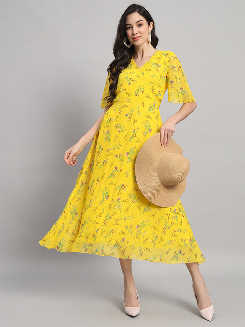 Curvydrobe Womens Yellow Floral Print Fit & Flare dress