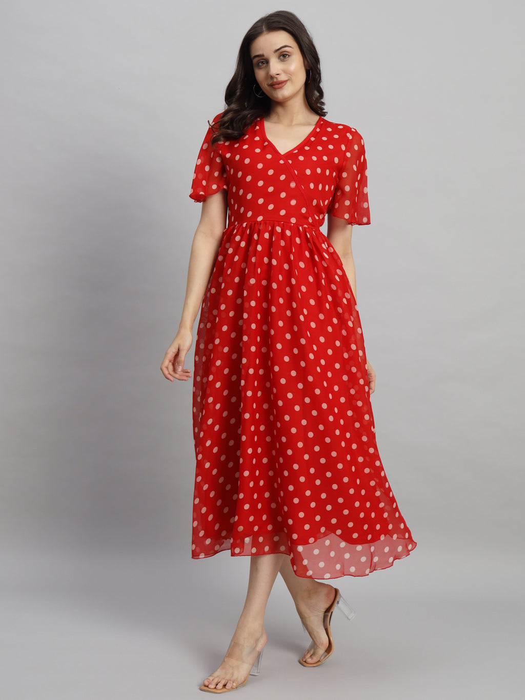 Curvydrobe Women Red Polka Dot Print A-Line Dress