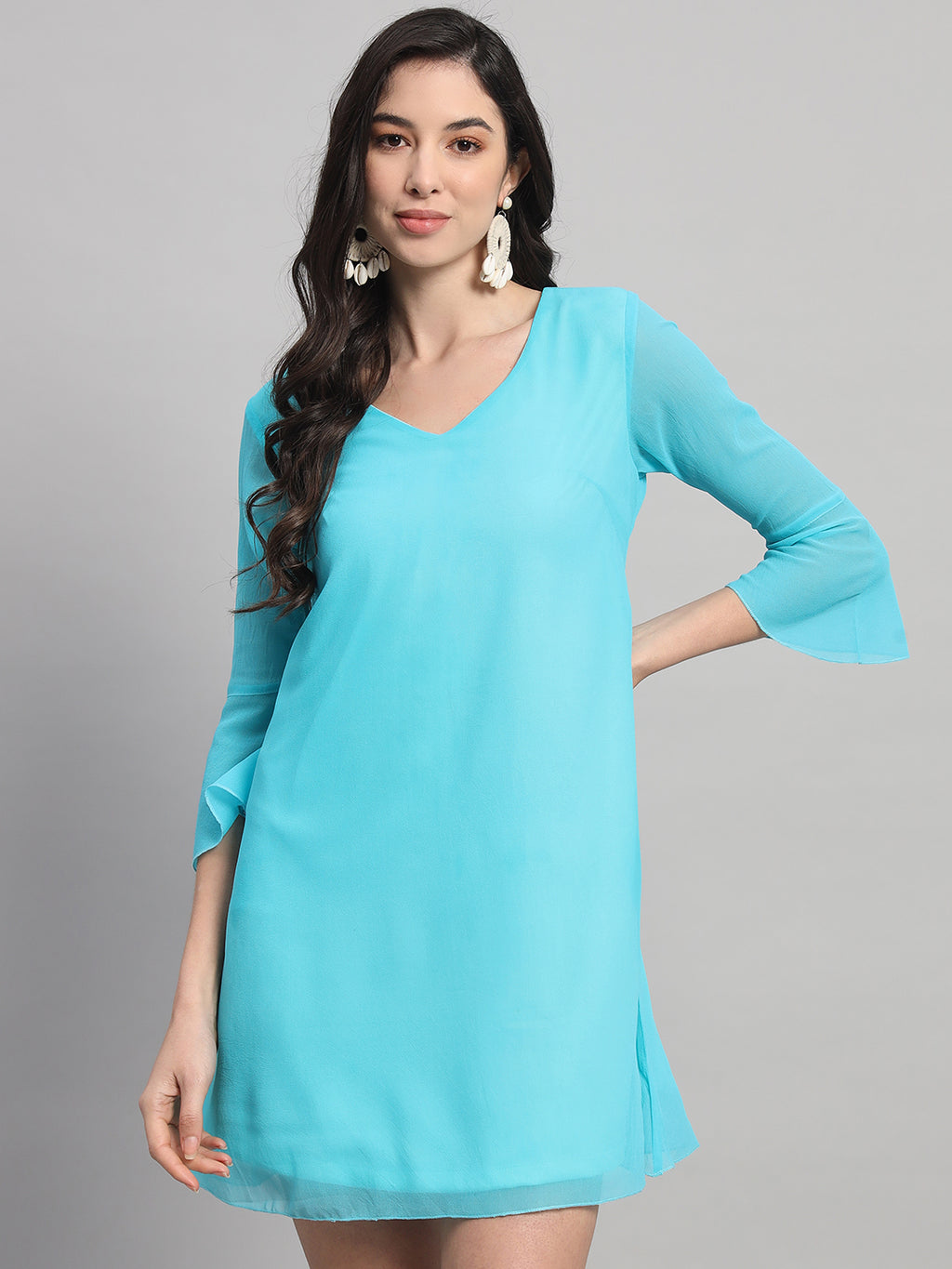 Curvydrobe Womens V Neck Turquoise blue A line Dress