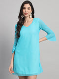 Curvydrobe Womens V Neck Turquoise blue A line Dress