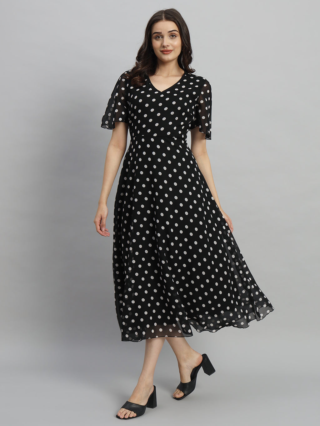 Black & White Polka Dot Printed Maxi A-Line Dress