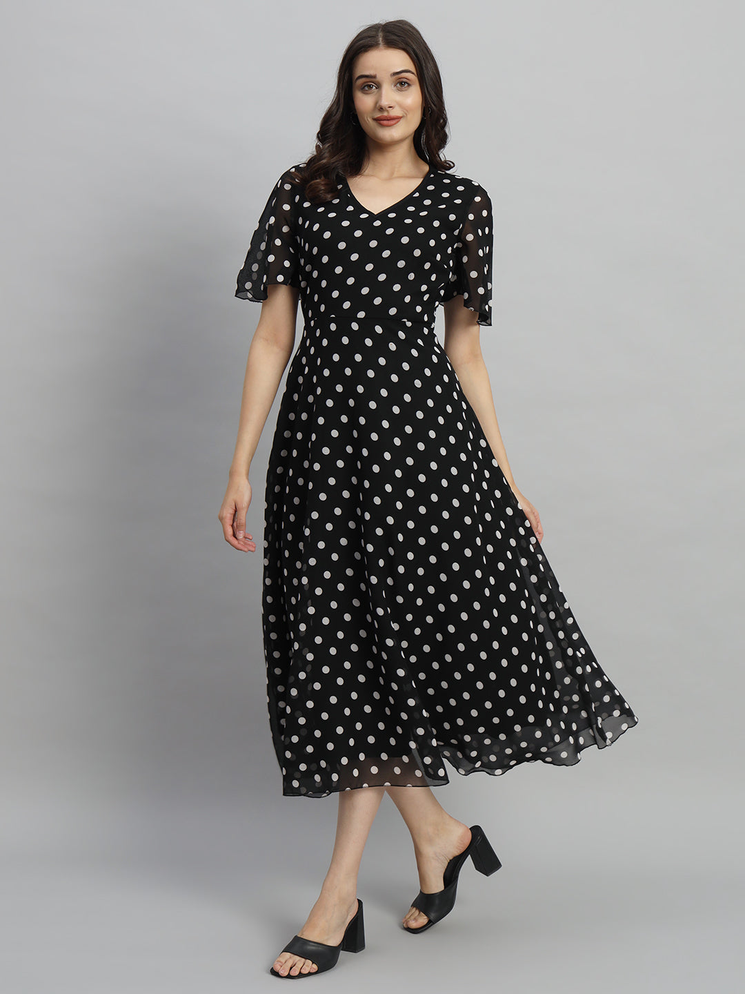 Black & White Polka Dot Printed Maxi A-Line Dress