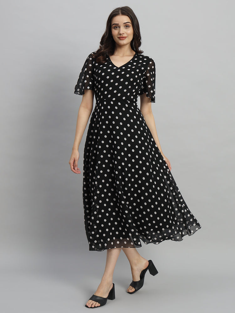 Black & White Polka Dot Printed Maxi A-Line Dress