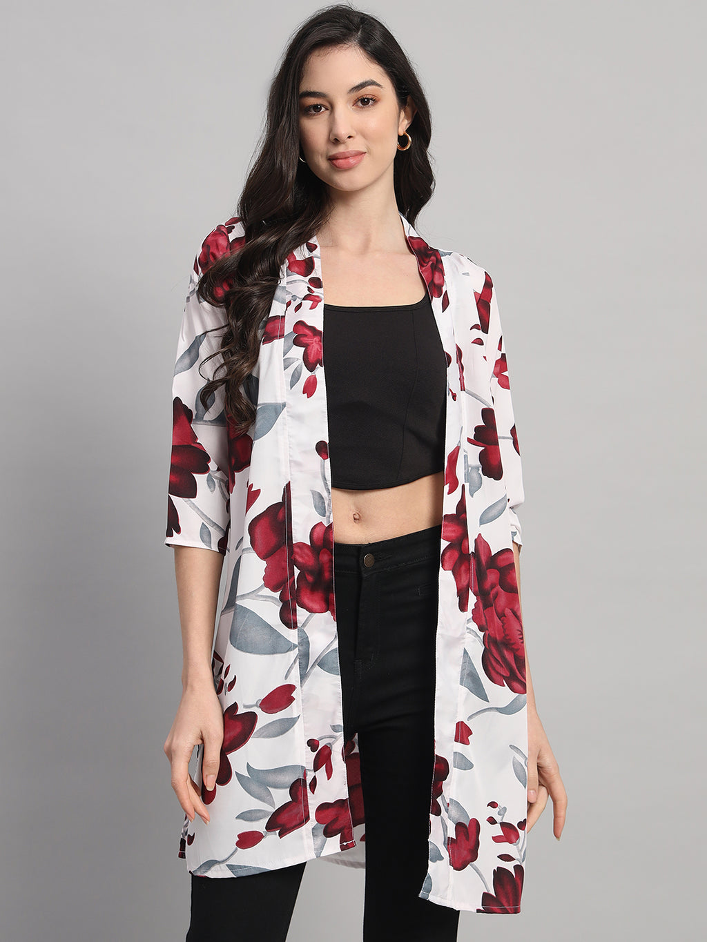 Curvydobe Womens White Floral Print Front-Open Shrug