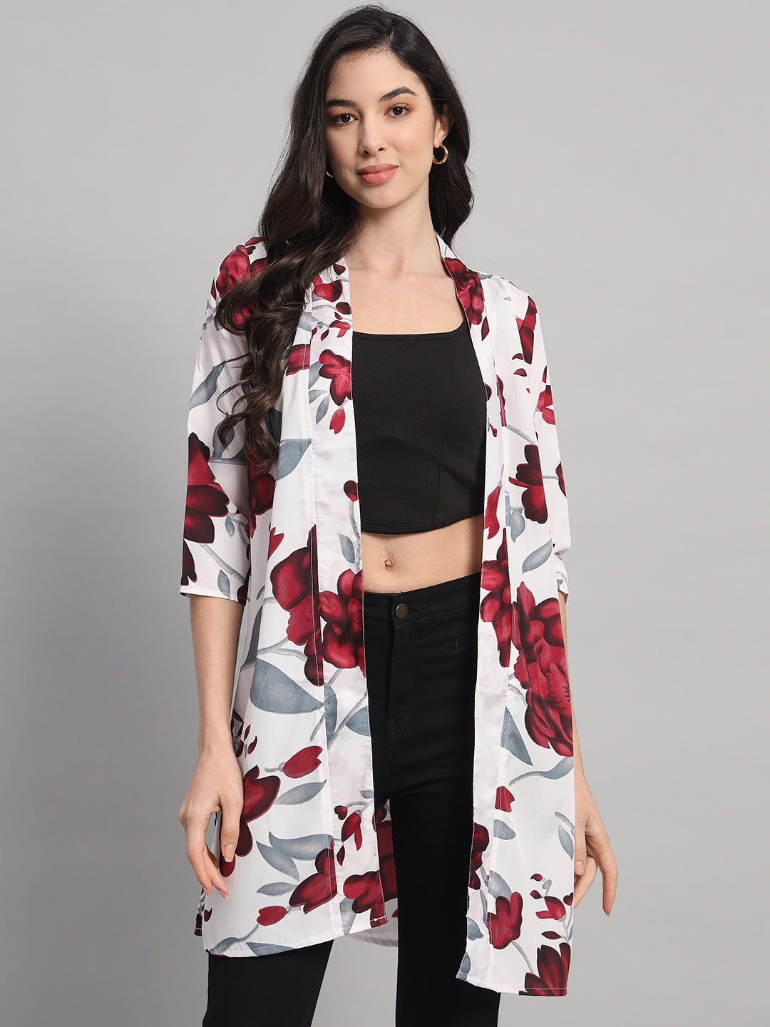 Curvydobe Womens White Floral Print Front-Open Shrug