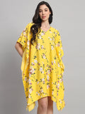 Curvydrobe Womens Yellow Floral Print Kaftan V Neck