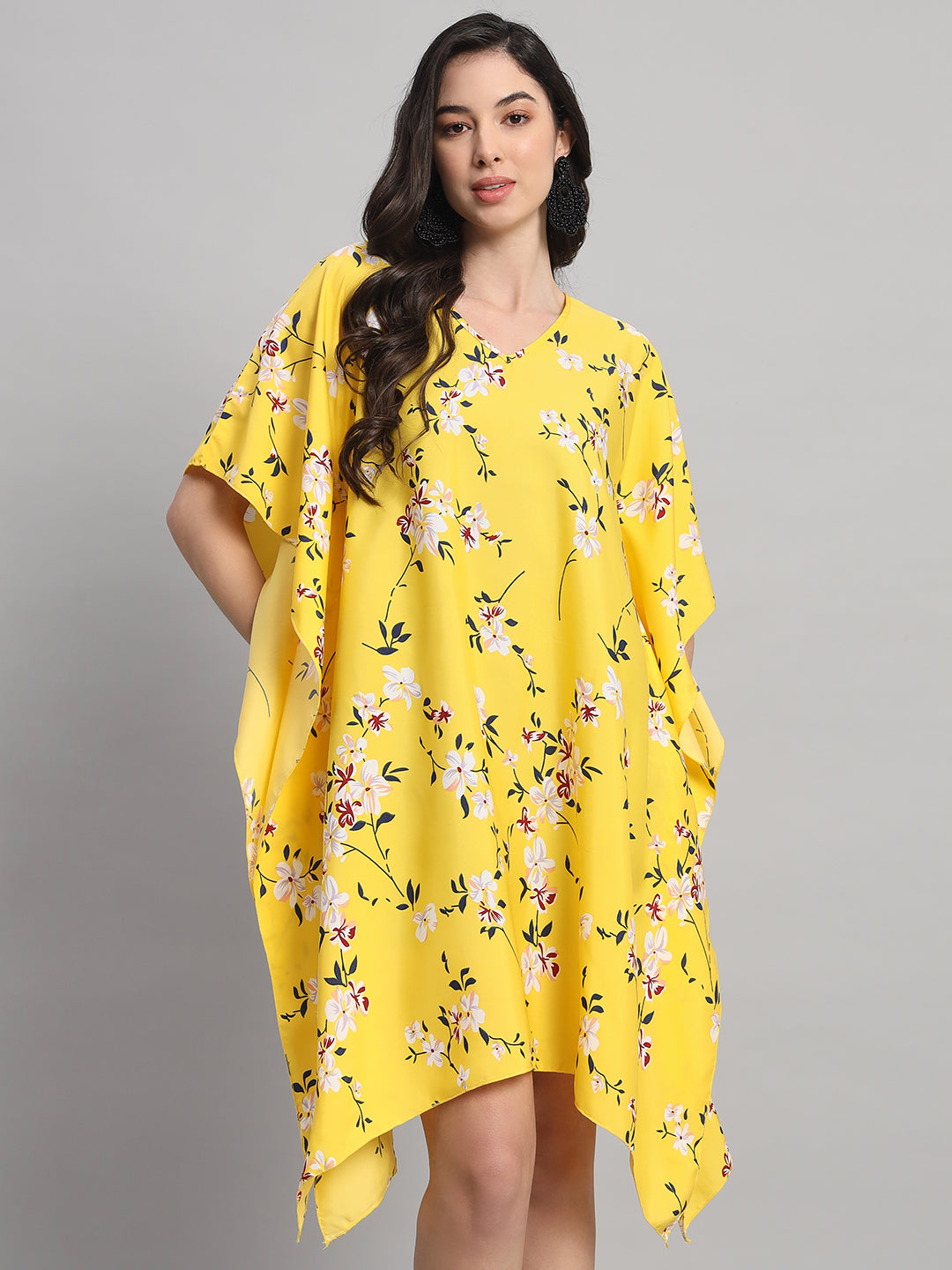 Curvydrobe Womens Yellow Floral Print Kaftan V Neck