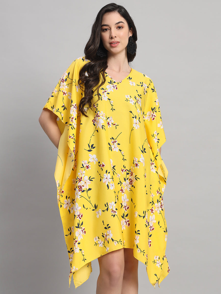 Curvydrobe Womens Yellow Floral Print Kaftan V Neck